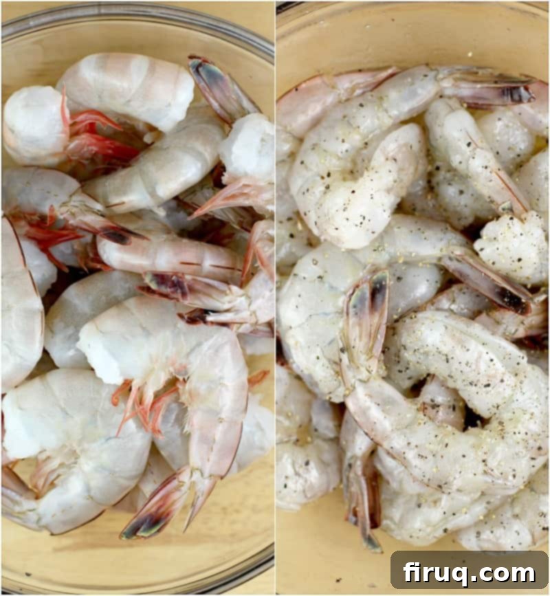 Luscious Creamy Pesto Shrimp Pasta 4 A collage showing fresh whole shrimp on the left and peeled, deveined shrimp on the right, both in glass bowls, illustrating preparation stages.