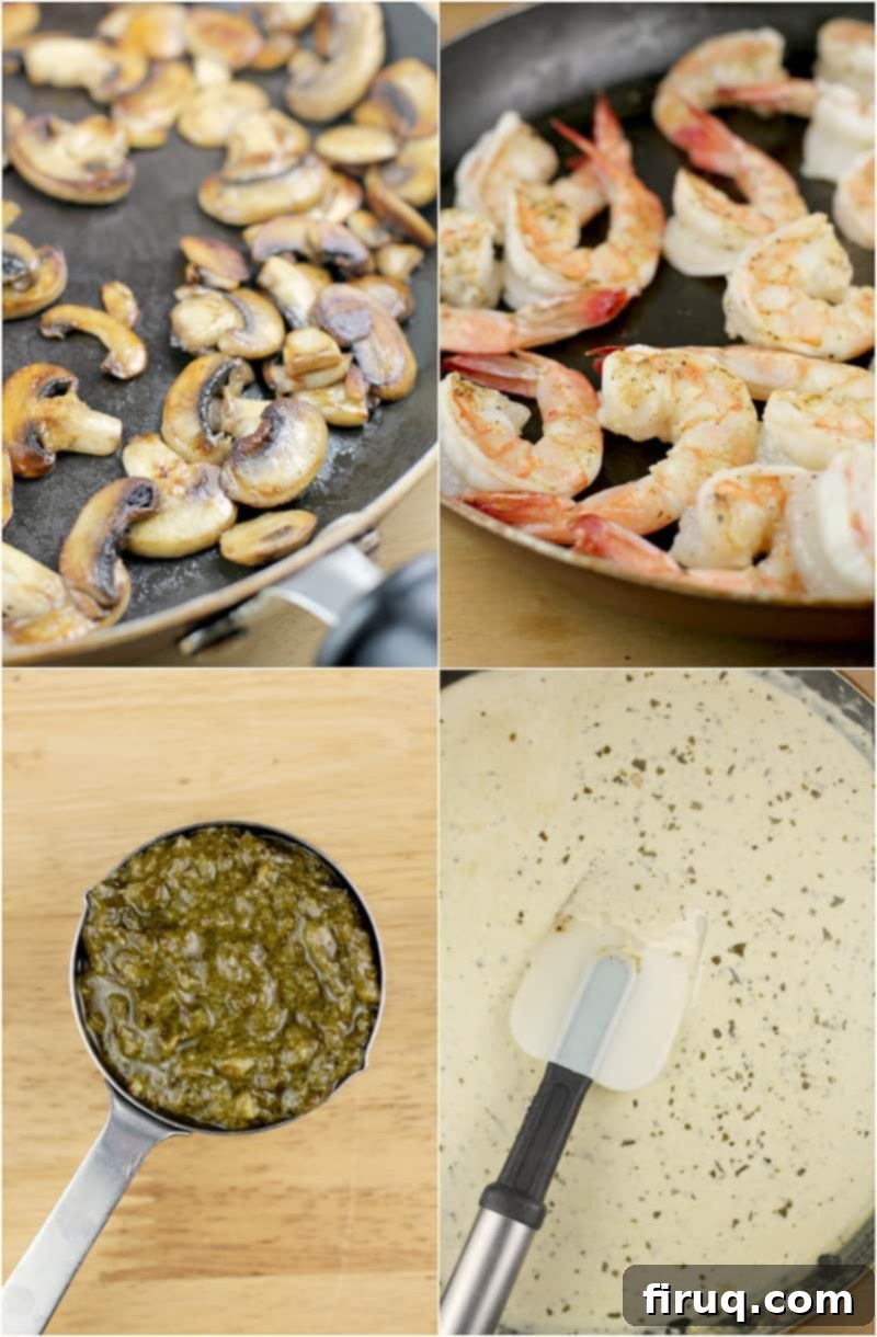 Luscious Creamy Pesto Shrimp Pasta 5 A four-photo collage showing the cooking steps: mushrooms sautéing in a skillet, shrimp cooking in the same pan, a measuring cup of pesto on a wood board, and the finished creamy pesto sauce in a skillet with a spatula.