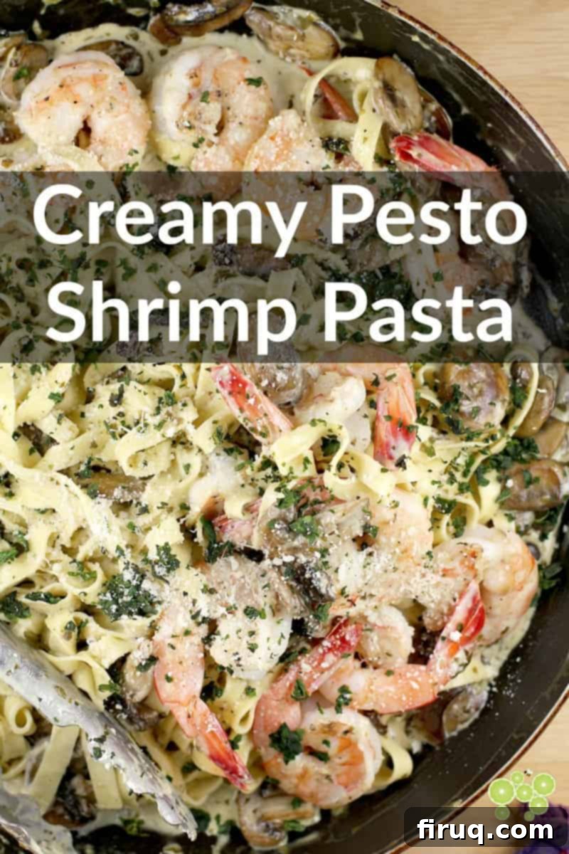 Luscious Creamy Pesto Shrimp Pasta 9 Pinterest image with text overlay: Creamy Pesto Shrimp Pasta. A vibrant dish in a skillet, perfect for a quick and romantic dinner.