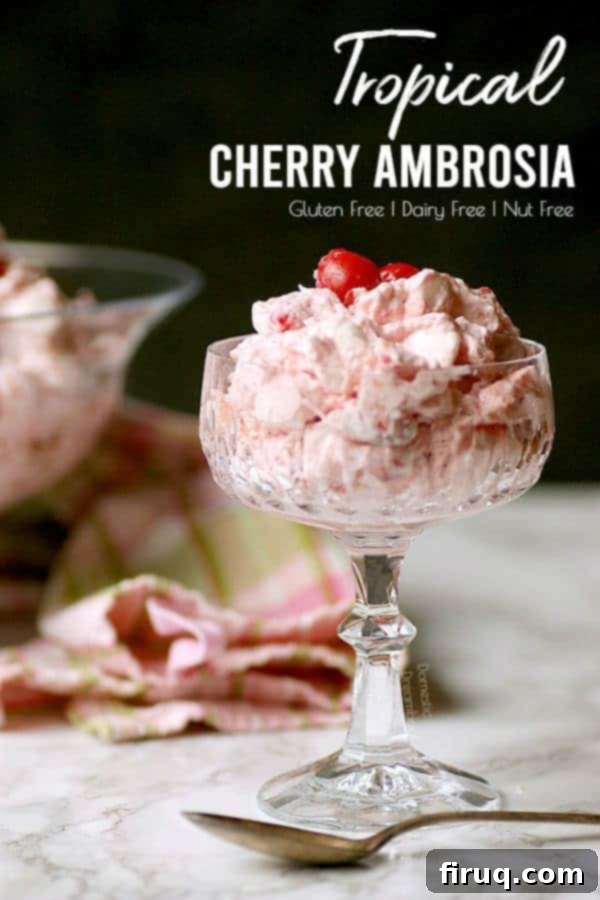 Single Serving of Cherry Ambrosia A close-up of a serving of Tropical Cherry Ambrosia in a decorative glass, showing the creamy texture and mix of fruit and marshmallows.