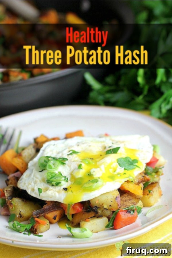 Triple Spud Hash 3 A beautifully presented Three Potato Hash with tender ham, colorful vegetables, and a perfectly cooked sunny-side-up egg. Ideal for a healthy breakfast or brunch.