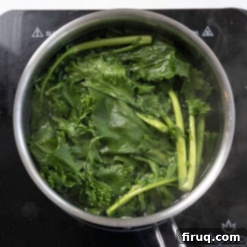 Sausage and Rapini Pasta 4 Blanching the broccoli rabe.