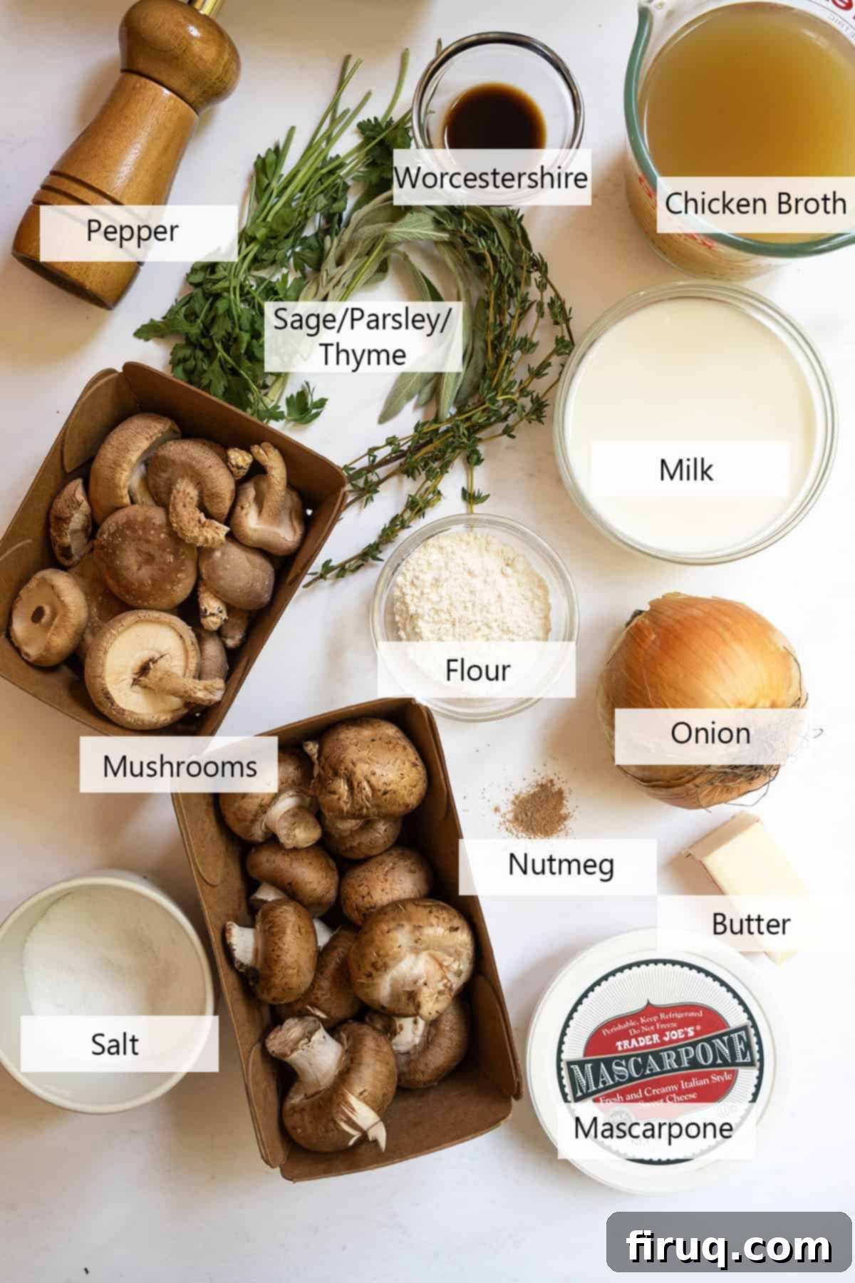 Velvety Mushroom Mascarpone Soup 3 Assortment of fresh ingredients laid out for mushroom soup preparation, including various mushrooms, herbs, and spices.