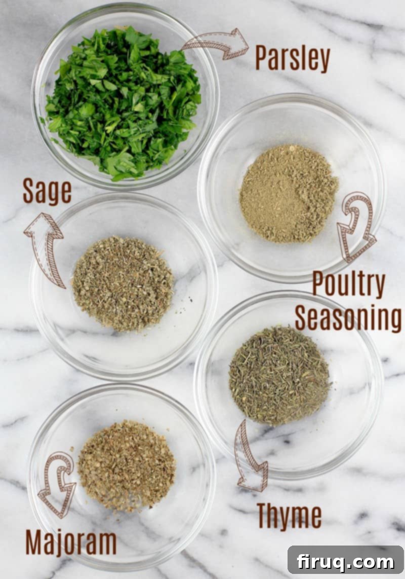 The Ultimate Holiday Stuffing 7 Five small glass bowls containing various dried herbs: parsley, sage, poultry seasoning, marjoram, and thyme