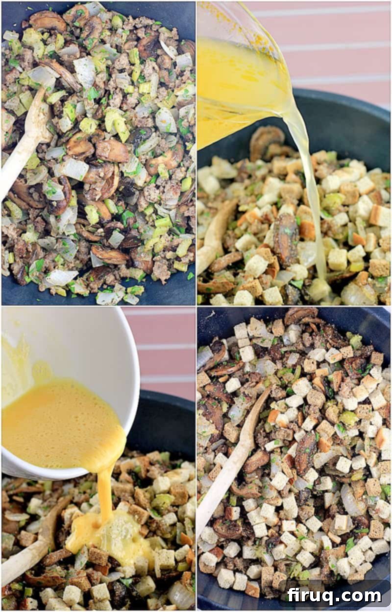 The Ultimate Holiday Stuffing 8 A collage of four photos showing the stuffing preparation: celery, onion, sausage, and herbs mixed in a blue bowl; chicken stock being added; beaten eggs being added; and all ingredients combined in the mixing bowl
