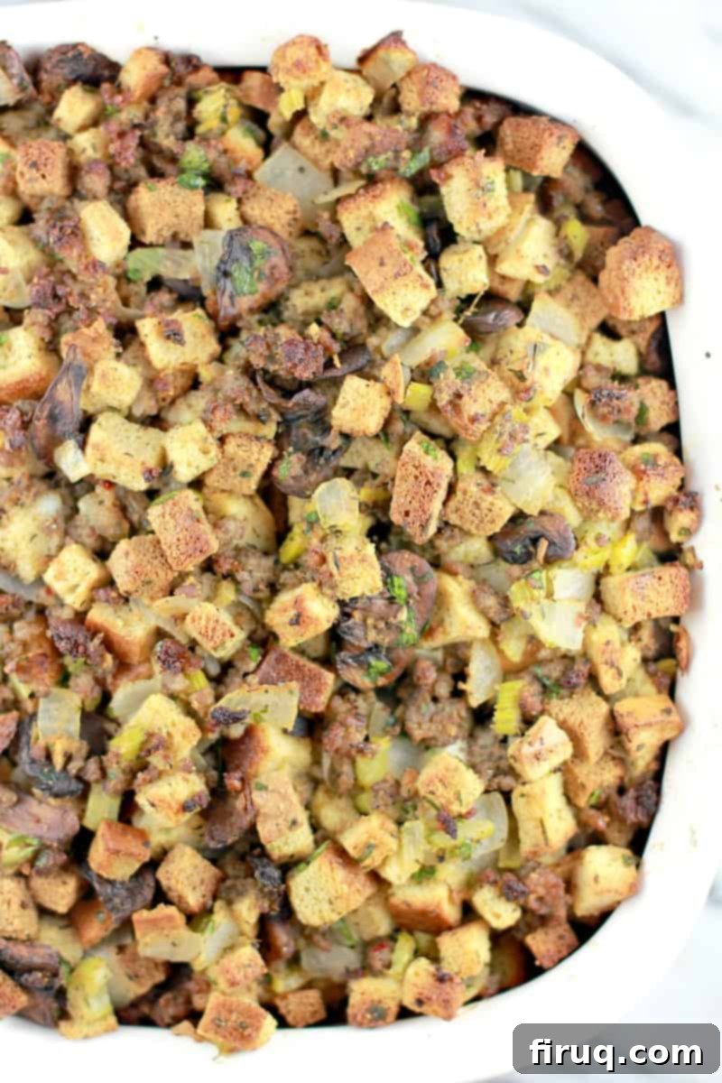 The Ultimate Holiday Stuffing 10 Top-down view of the cooked stuffing, showing its golden-brown, crispy top crust after baking