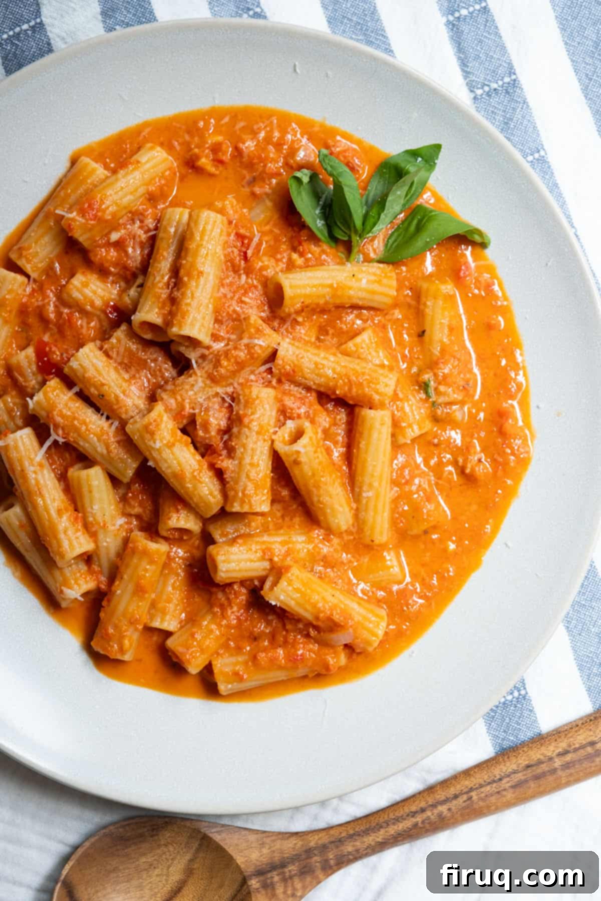 Velvety Red Pepper Sauce 2 Creamy Red Pepper Sauce served over rigatoni pasta, garnished with fresh basil