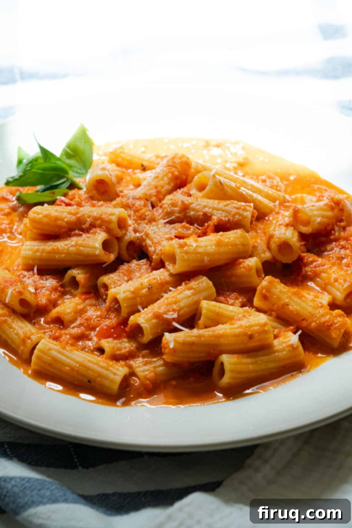 Velvety Red Pepper Sauce 12 Creamy Red Pepper Sauce tossed with rigatoni pasta, garnished with fresh basil leaves, ready to be served.