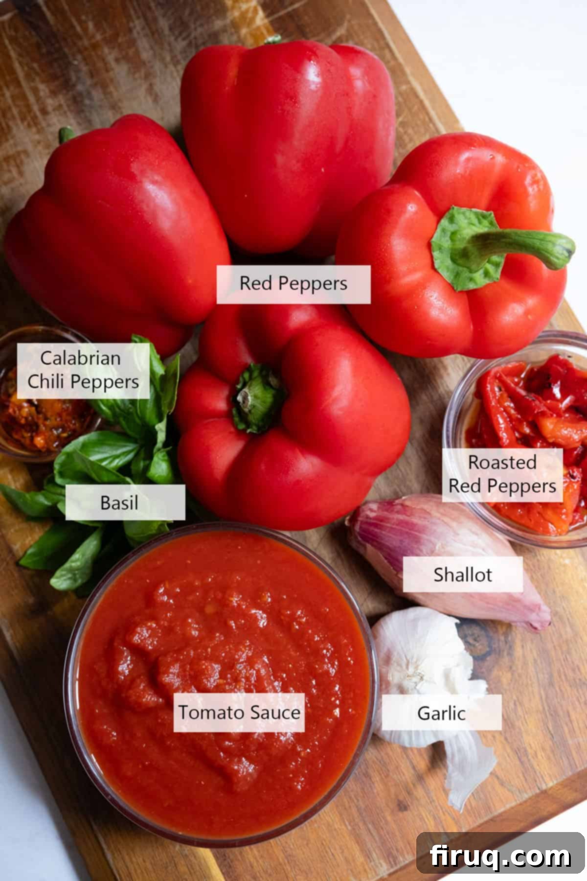 Velvety Red Pepper Sauce 3 A collection of fresh and pantry ingredients laid out for making creamy red pepper sauce, including fresh red peppers, canned tomatoes, basil, garlic, and heavy cream.