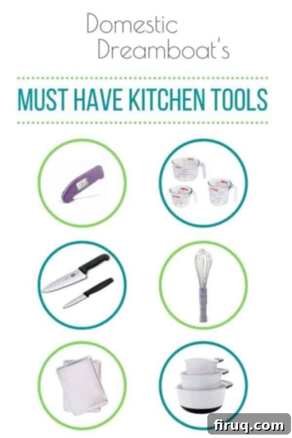 Domestic Dreamboat's Essential Kitchen Arsenal 2 A collection of essential kitchen tools, including a digital thermometer, measuring cups, various knives, whisk, baking sheets, and mixing bowls, neatly arranged on a kitchen countertop.
