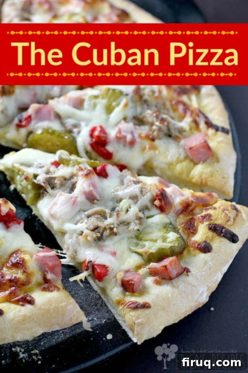 Cuba's Signature Slice 5 A mouth-watering Cuban pizza, showcasing slow-cooked pork, sweet bread and butter pickles, and other elements inspired by the classic Cuban sandwich, promising an easy, fun, and delicious experience.