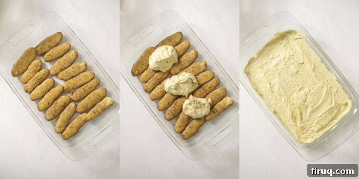 Emerald Dream Tiramisu 12 A perfectly layered first tier of espresso-soaked ladyfingers beneath a generous spread of green pistachio cream in a glass baking dish.
