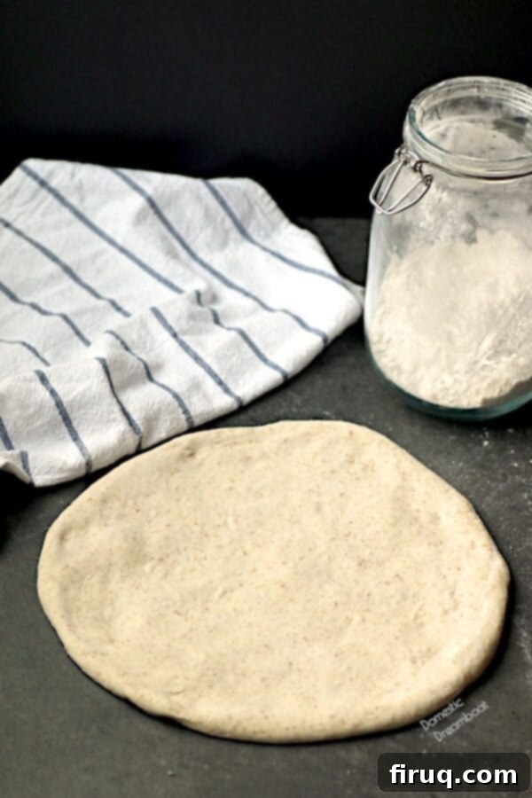 Stretched Pizza Dough A perfectly round, elastic disc of homemade pizza dough, ready to be adorned with sauce and toppings.