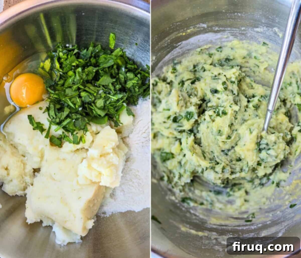 Crispy Garlic Spinach Potato Patties 4 collage of 2 photos: left, unmixed ingredients; right, mixed ingredients for form the batter