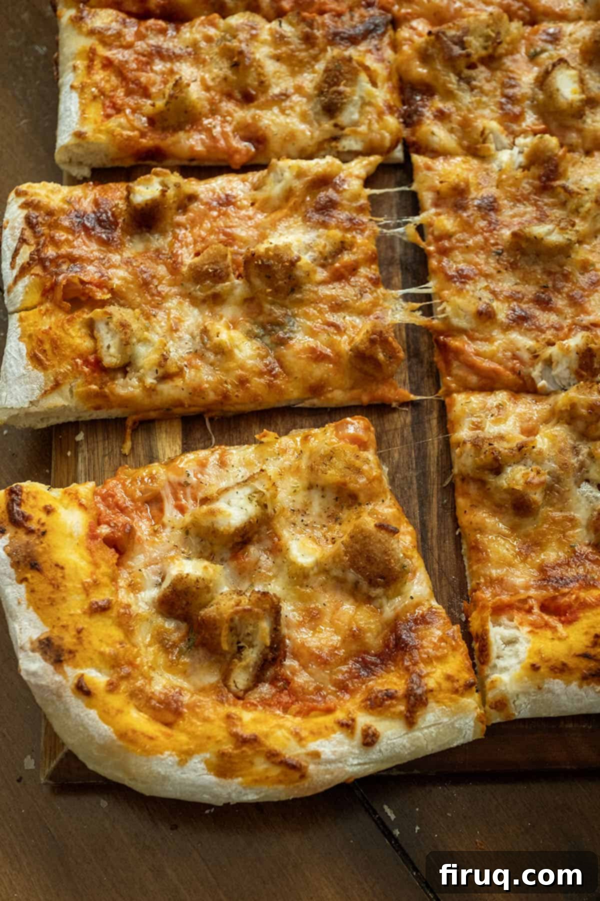 Creamy Vodka Chicken Pizza 2 Chicken alla vodka pizza on a cutting board.