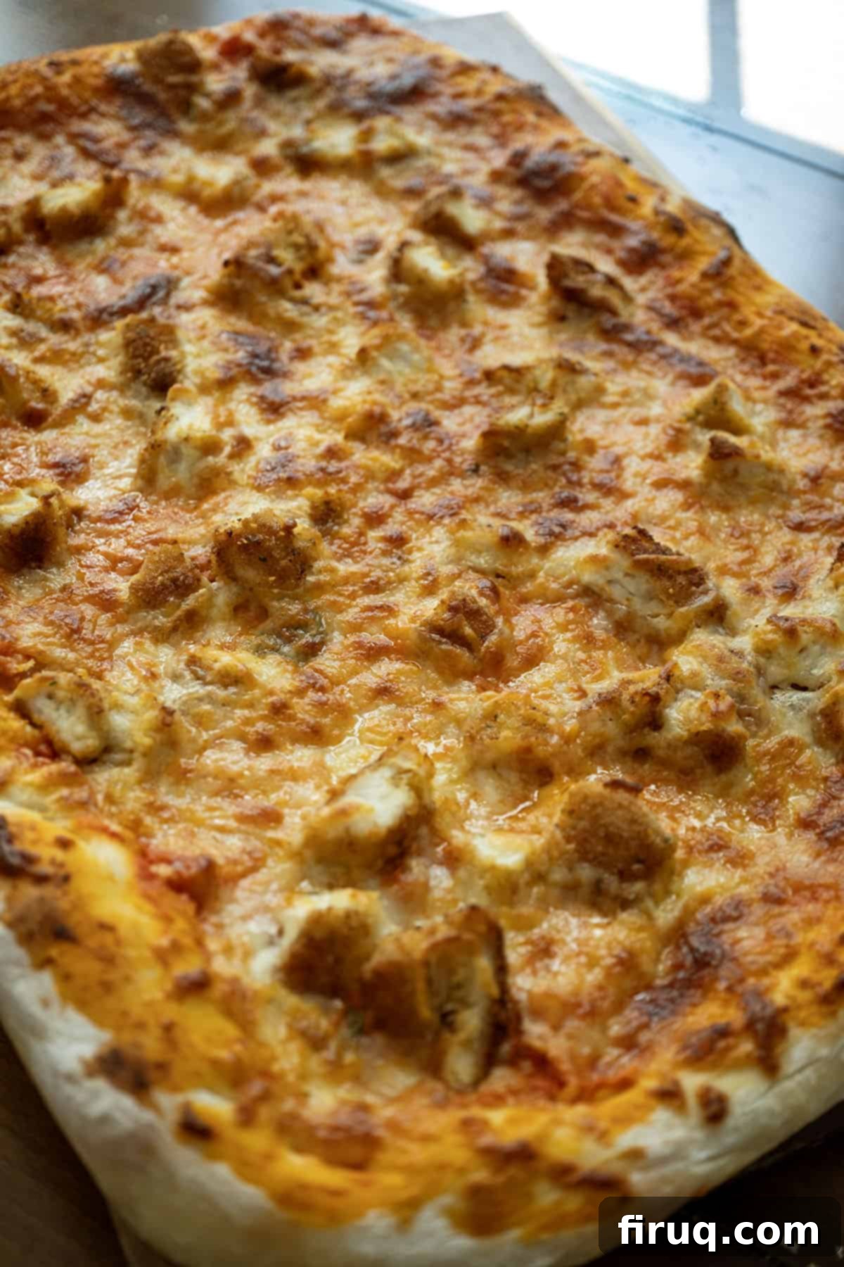 Creamy Vodka Chicken Pizza 11 Chicken alla vodka pizza on a cutting board.