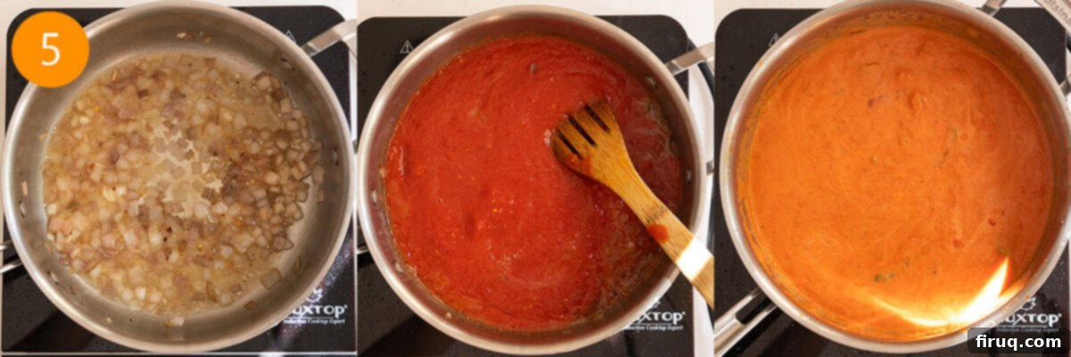 Creamy Vodka Chicken Pizza 8 Simmering vodka, and then adding tomato sauce and cream.