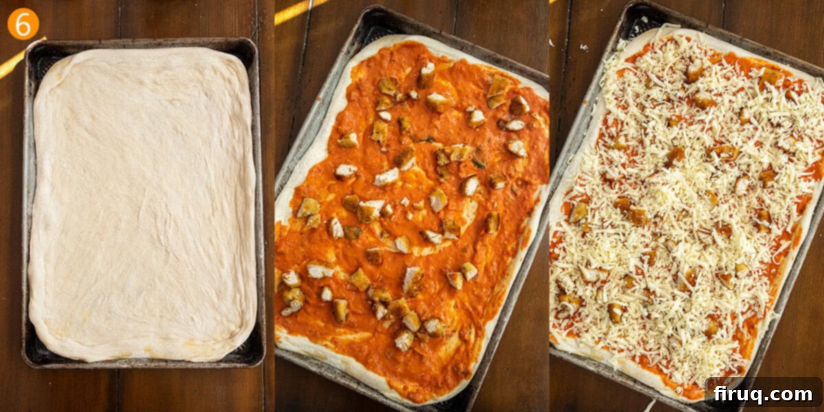 Creamy Vodka Chicken Pizza 9 Stretching out dough and topping with sauce, chicken, and cheese.