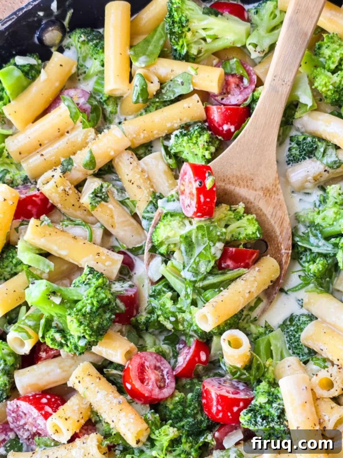 Lemony Creamy Pasta with Fresh Arugula and Broccoli 2 prepared lemon pasta with arugula and broccoli in large skillet with wood spoon