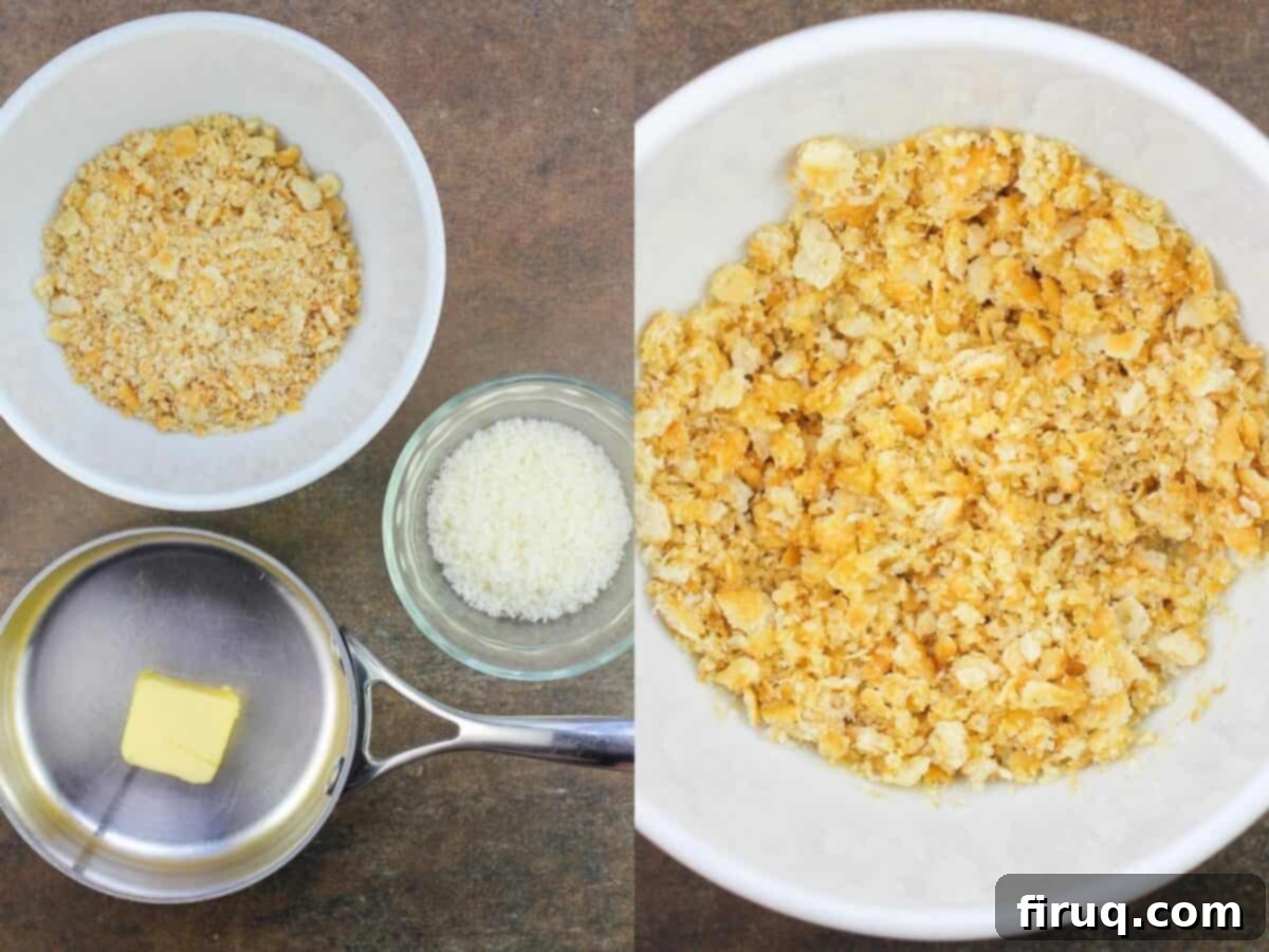 Classic Velvety Mac and Cheese 13 collage of 2 photos: left; topping ingredients; right, those ingredients combined
