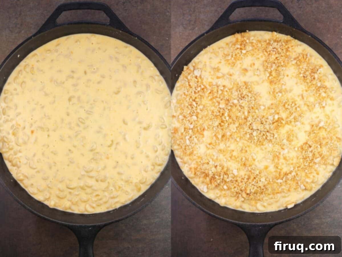 Classic Velvety Mac and Cheese 14 collage of 2 photos: uncooked and cooked macaroni and cheese in skillet