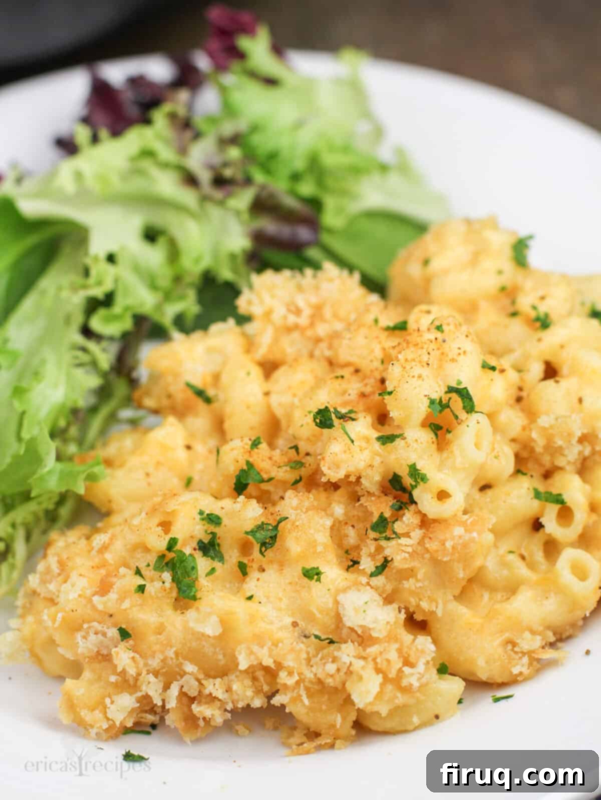 Classic Velvety Mac and Cheese 15 close view of prepared recipe on white plate with salad