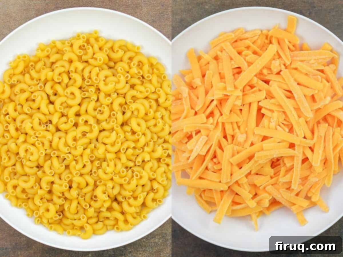 Classic Velvety Mac and Cheese 5 collage of 2 photos: uncooked macaroni and shredded cheddar cheese, both in white bowls