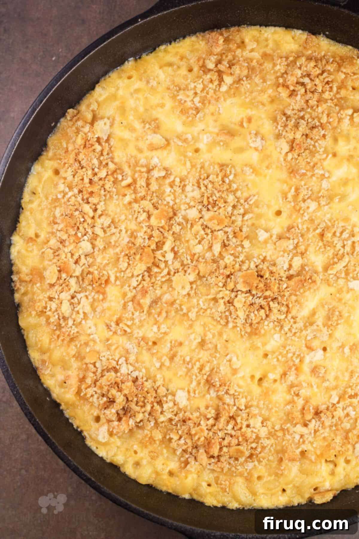 Classic Velvety Mac and Cheese 6 top view of cooked mac and cheese in cast iron skillet