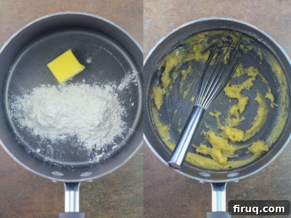 Classic Velvety Mac and Cheese 7 collage of 2 photos: left, butter and flour in saucepan; right, butter and flour combined in saucepan
