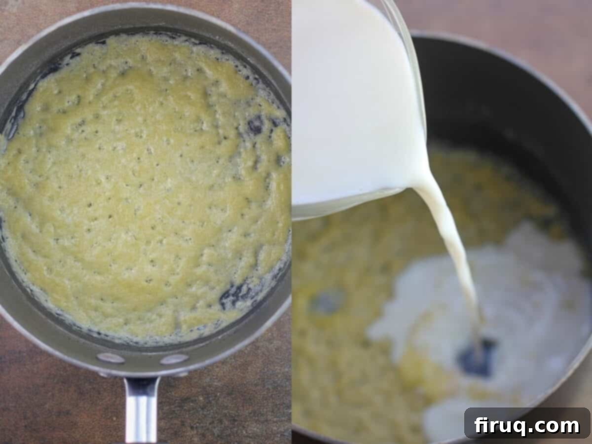 Classic Velvety Mac and Cheese 8 collage of 2 photos; left, roux cooking in saucepan; right, milking pouring into roux in saucepan