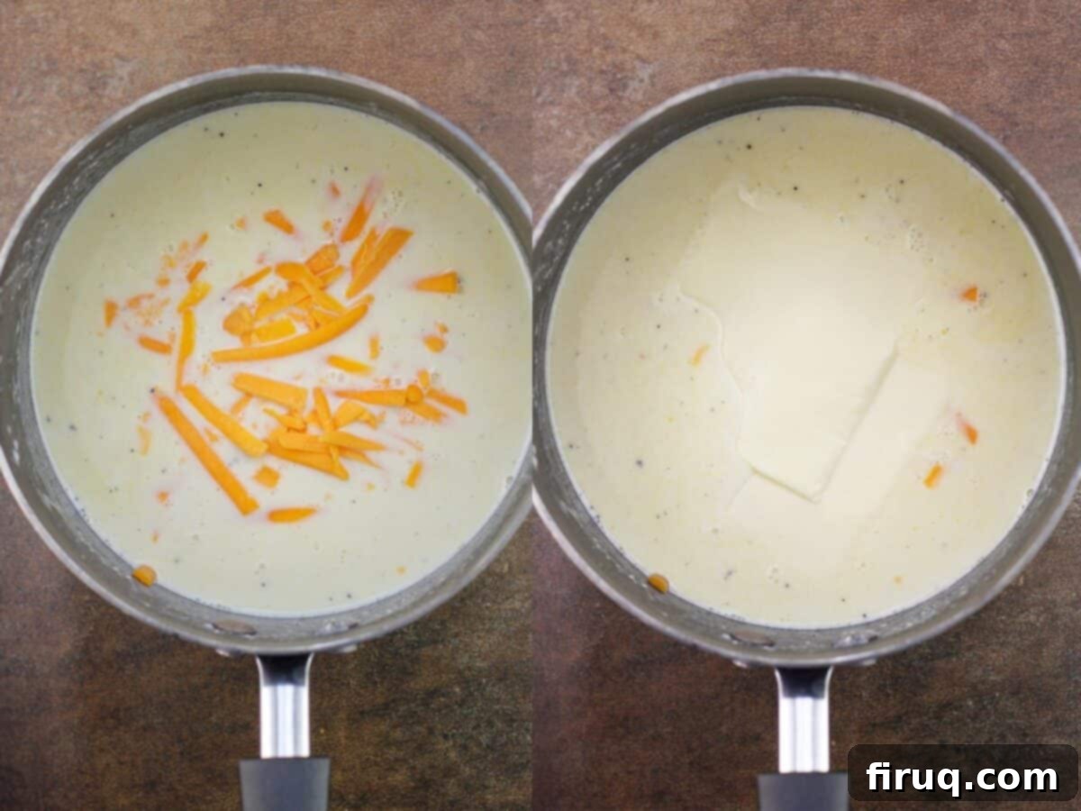 Classic Velvety Mac and Cheese 10 collage of 2 photos: left, cheddar added to bechamel sauce; right, white American cheese slices added to cheese sauce; both in saucepan