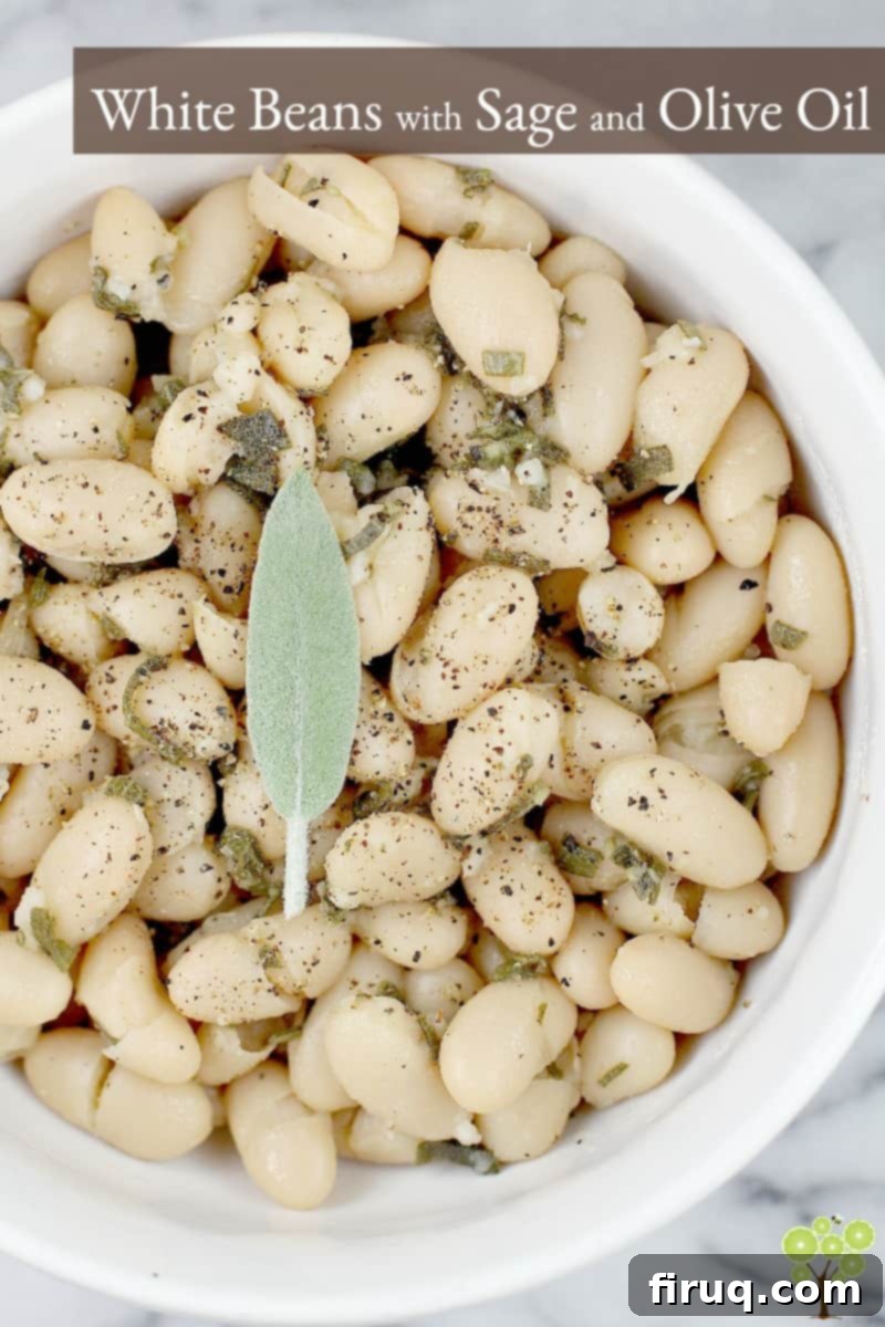 Tuscan White Beans with Sage 9 This little recipe for easy white beans is as delightful and flavorful as it is simple and inexpensive to prepare. Creamy white beans simmered in stock with sage and garlic, then tossed in smooth olive oil. Stow this recipe for a quick, vegetarian side dish and simple accompaniment, or spoon over baked potato or rice as a main course. White Beans with Sage and Olive Oil is a perfect little recipe to have on hand. #food #recipe #whitebeans #tuscanbeans #vegetarianrecipe #vegetariansidedish