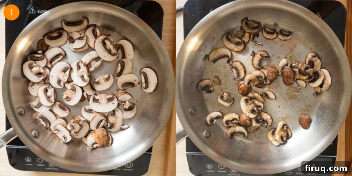 Broccoli and Asparagus Pasta Primavera 4 Browning sliced baby bella mushrooms in a large saucepan.