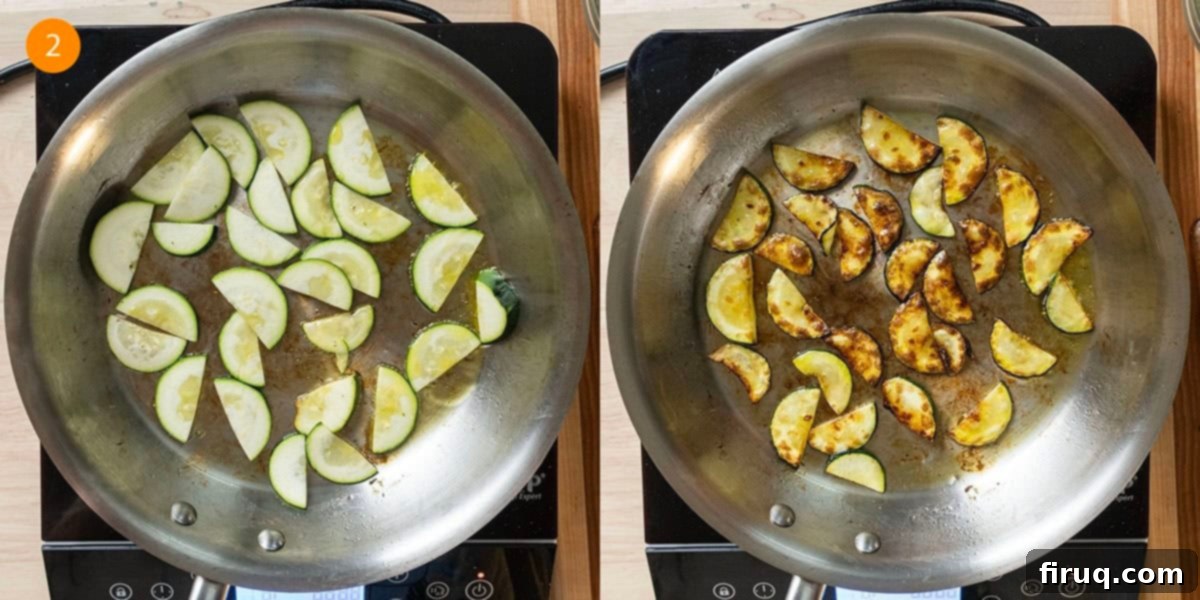 Broccoli and Asparagus Pasta Primavera 5 Frying zucchini slices in a single layer in a saucepan until golden brown.