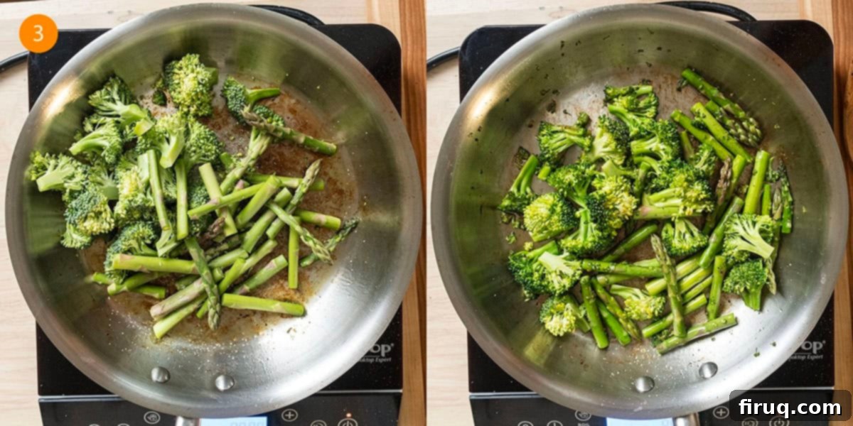 Broccoli and Asparagus Pasta Primavera 6 Sauteing broccoli florets and asparagus spears in a saucepan to achieve a vibrant green.