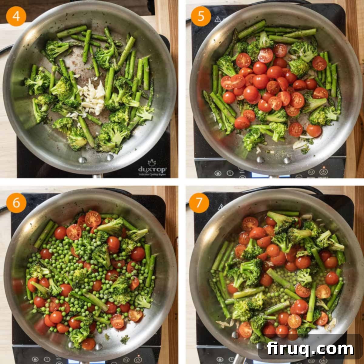 Broccoli and Asparagus Pasta Primavera 7 A four-panel image showing the progression of sauteing vegetables: broccoli and asparagus, then garlic, then cherry tomatoes, then peas.