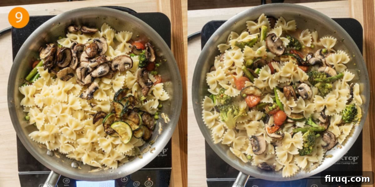 Broccoli and Asparagus Pasta Primavera 9 Combining all the cooked ingredients: linguine, sauteed vegetables, mushrooms, and zucchini in the pan with the sauce.