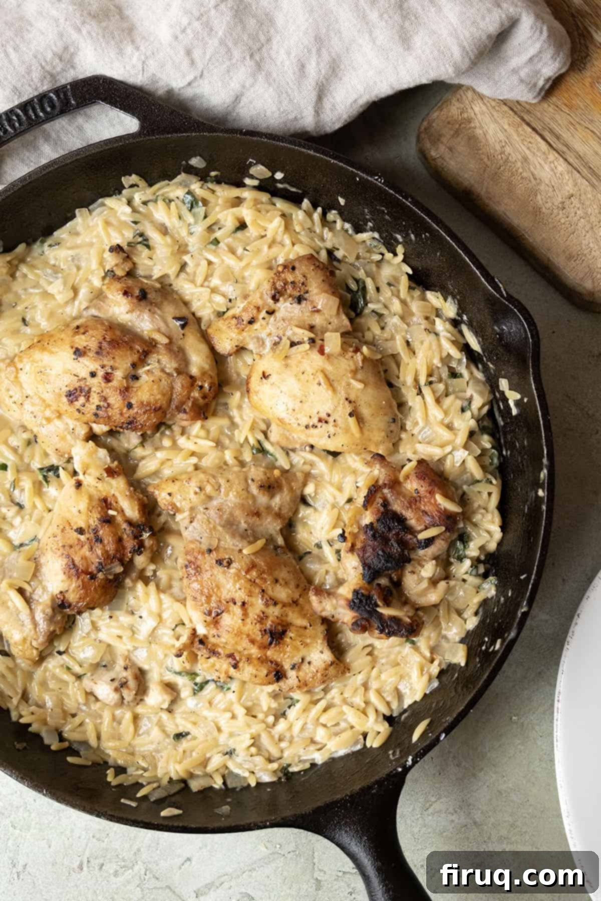One-Pan Cast Iron Lemon Chicken Orzo 2 Charred chicken thighs over a bed of creamy orzo.
