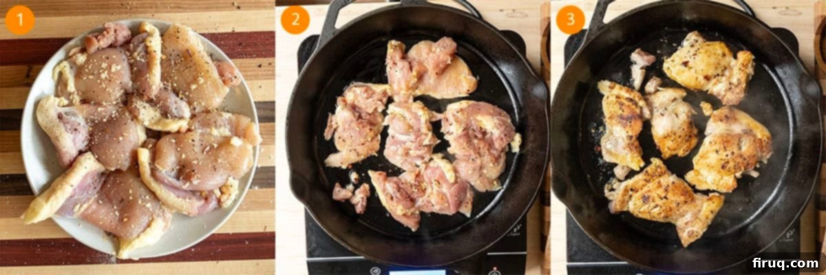 One-Pan Cast Iron Lemon Chicken Orzo 4 Searing the chicken thighs on a cast iron pan.