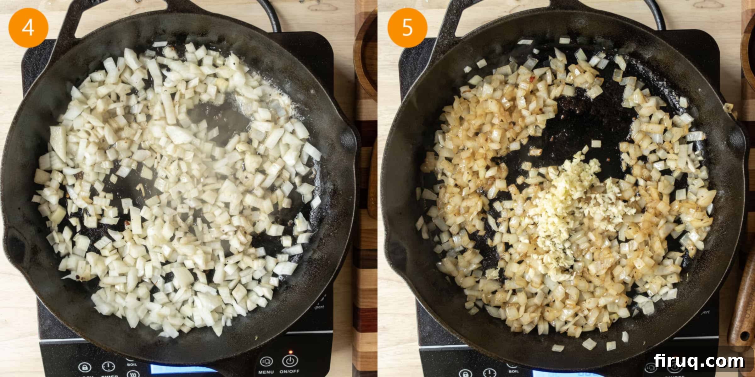 One-Pan Cast Iron Lemon Chicken Orzo 5 Sauteing the onions and garlic in the pan.