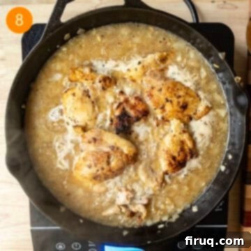 One-Pan Cast Iron Lemon Chicken Orzo 8 Chicken broth and chicken returned to the pan with orzo.