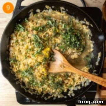 One-Pan Cast Iron Lemon Chicken Orzo 9 Adding heavy cream, basil, lemon, lemon zest, and parmesan to the orzo after chicken thighs have been removed.