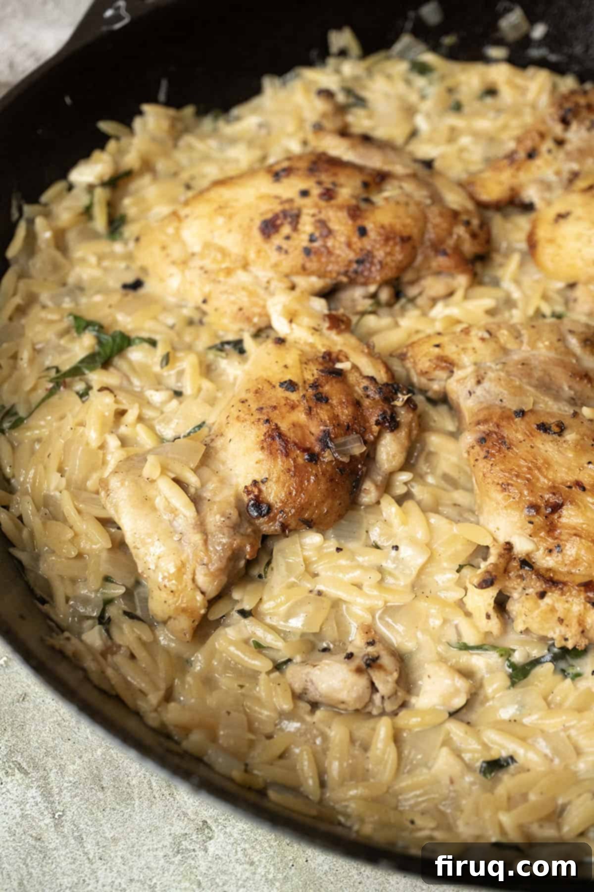 One-Pan Cast Iron Lemon Chicken Orzo 10 Charred chicken thighs over a bed of creamy orzo.