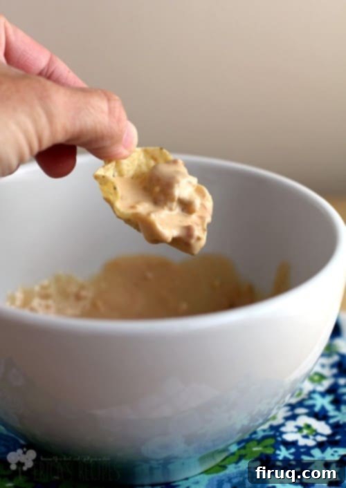 Beer-Glazed Kielbasa and Sausage with Stout Queso 6 A hand with a scoop tortilla chip scooping up some of the queso