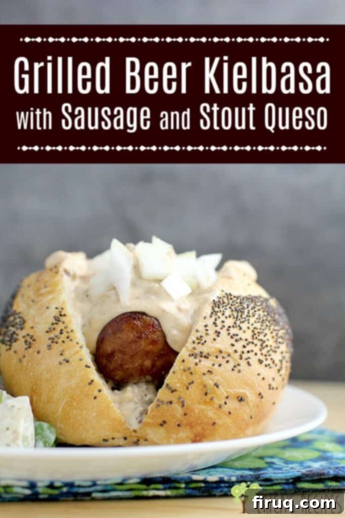 Beer-Glazed Kielbasa and Sausage with Stout Queso 10 Image for Pinterest with recipe title overlay