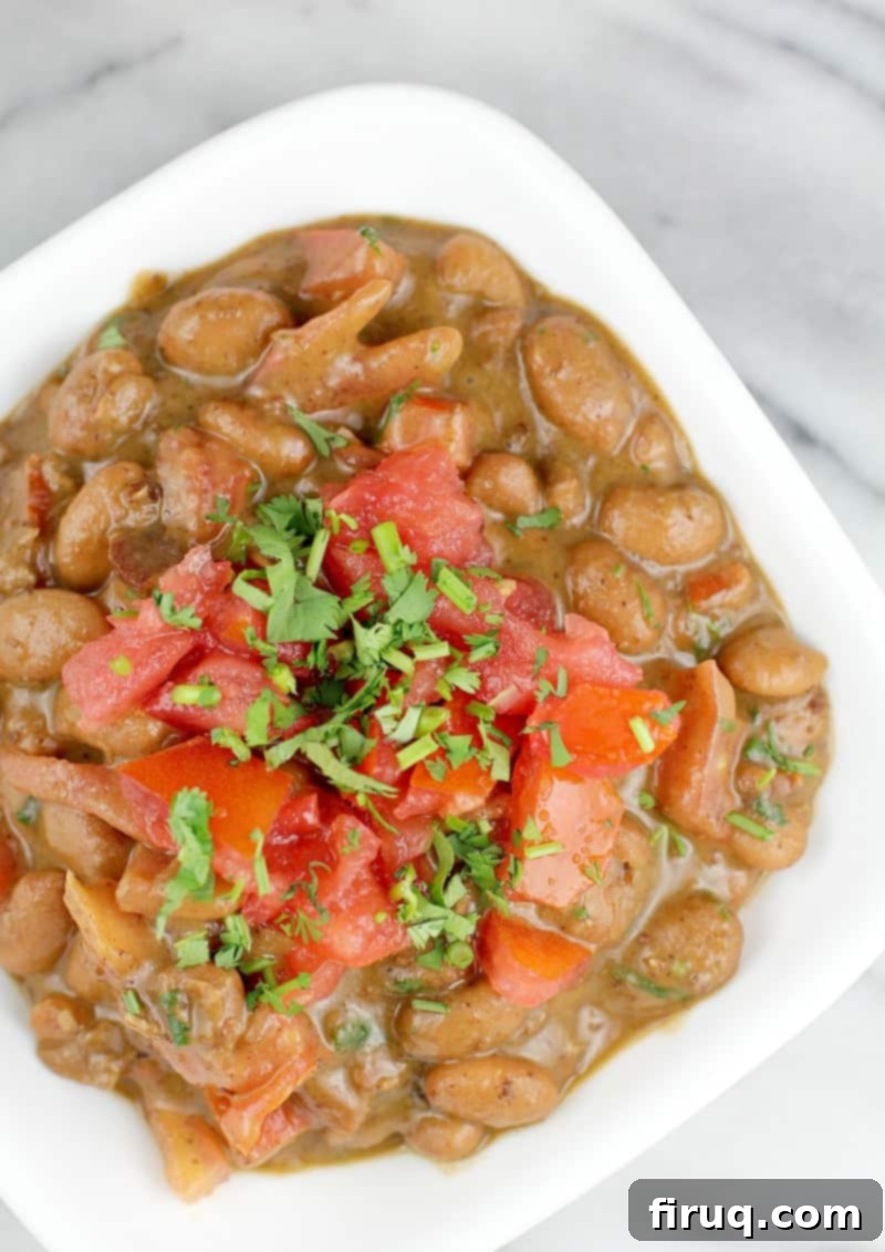 Cowboy Style Mexican Beans 2 top view of finished frijoles charros beans in a small white dish on a marble surface