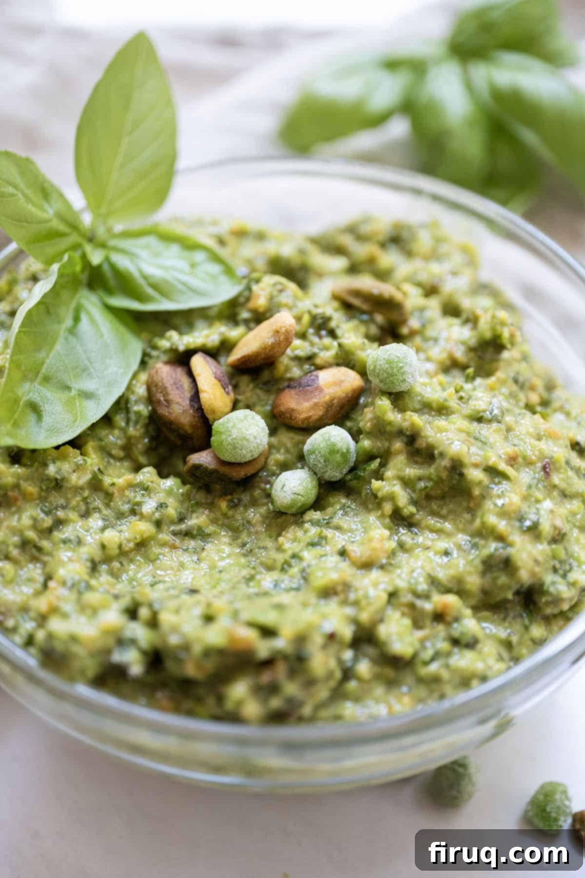 Fresh Pea Pesto 2 Pea pesto topped with pistachios and basil in a small bowl.