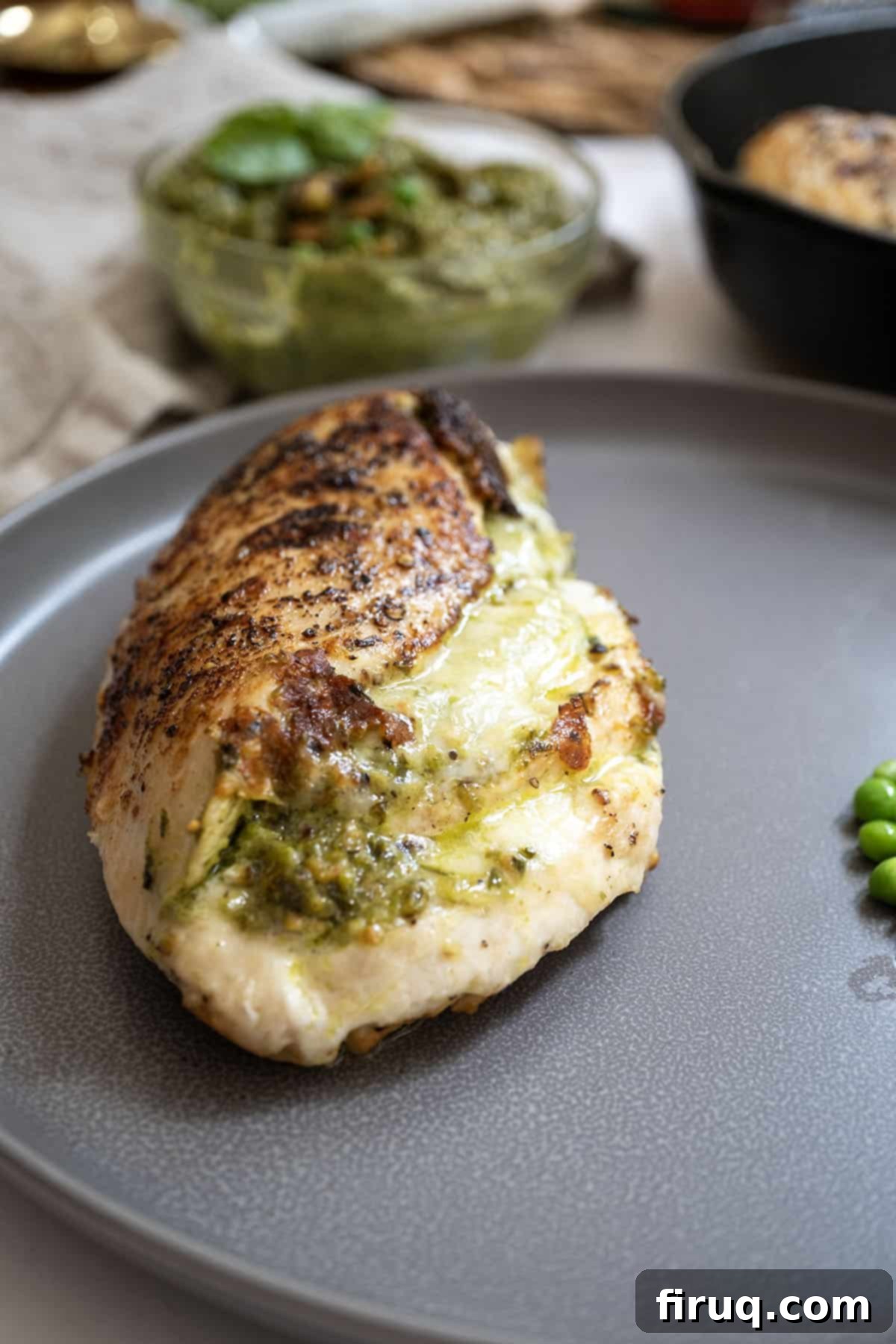 Perfect Pesto Stuffed Chicken 10 Plated pesto stuffed chicken with vibrant pea pesto and melted mozzarella, garnished with fresh peas and basil, served alongside a simple side dish.