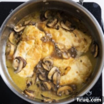 Rich Marsala Chicken with Sautéed Mushrooms 9 Chicken cutlets returned to the simmering Marsala sauce with mushrooms and shallots to finish cooking.