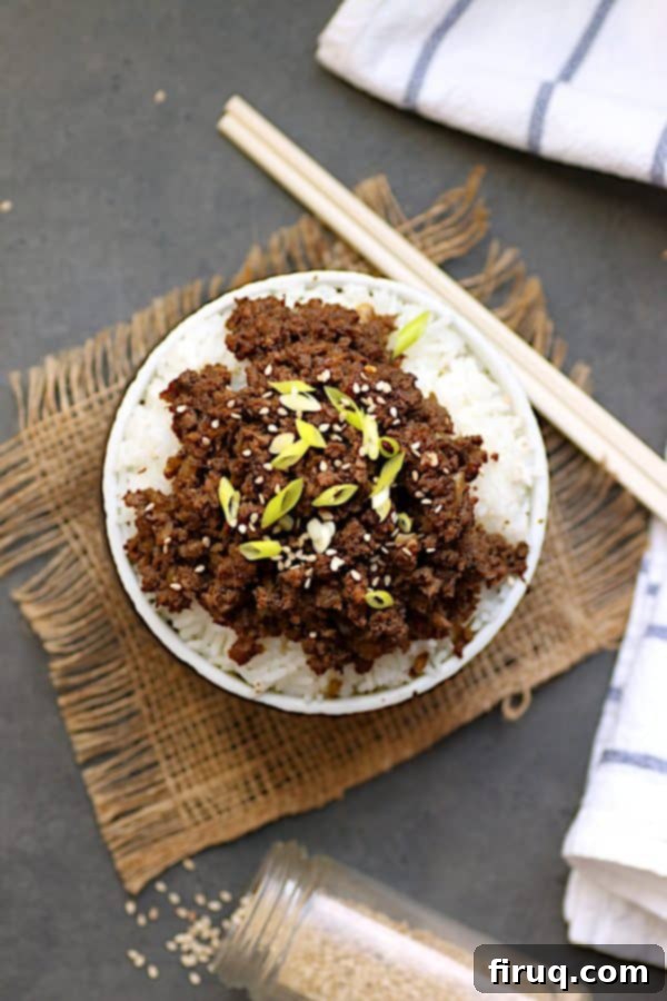 Korean Beef and Mushroom Mixture Ready to Serve A top-down view of the Korean beef and mushroom mixture, perfectly seasoned and ready to be served.